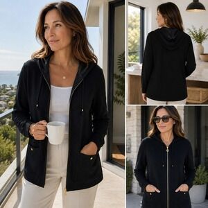 St. John Sport Black Hooded Zip Knit Jacket Women's Petit Gold Logo Zipper USA